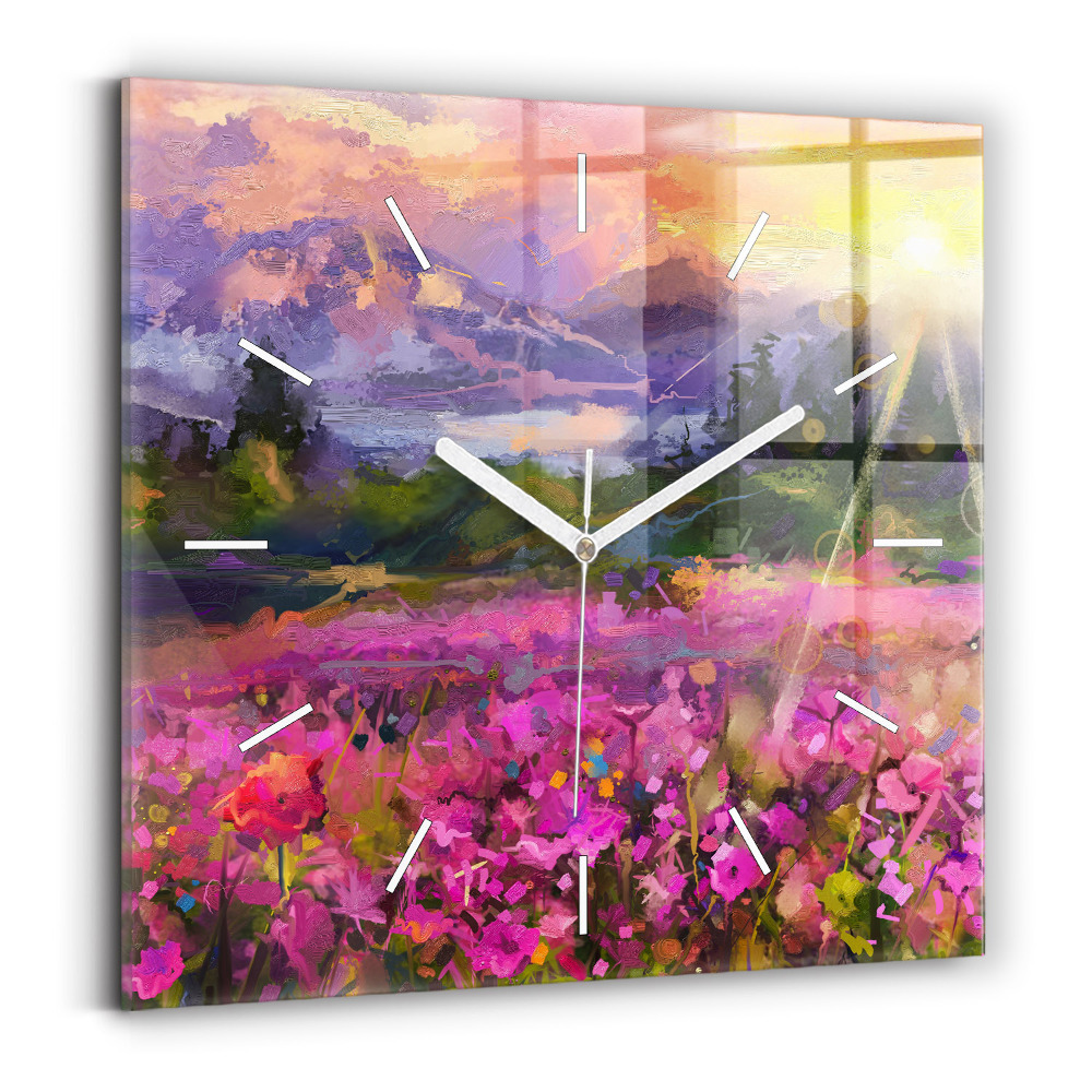Ceas pătrat de perete din sticlă Pajiște la apus