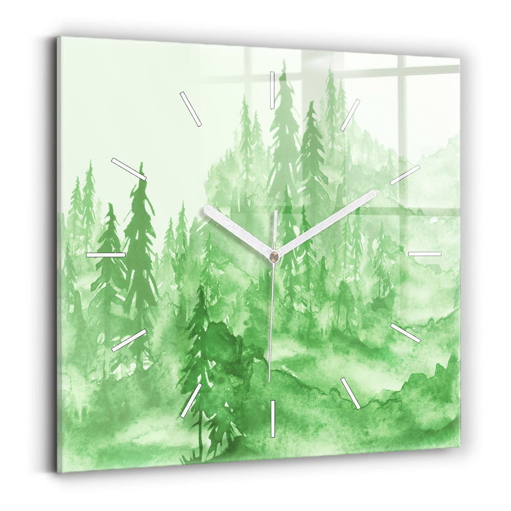 Ceas pătrat de perete din sticlă Pictând pădurea verde