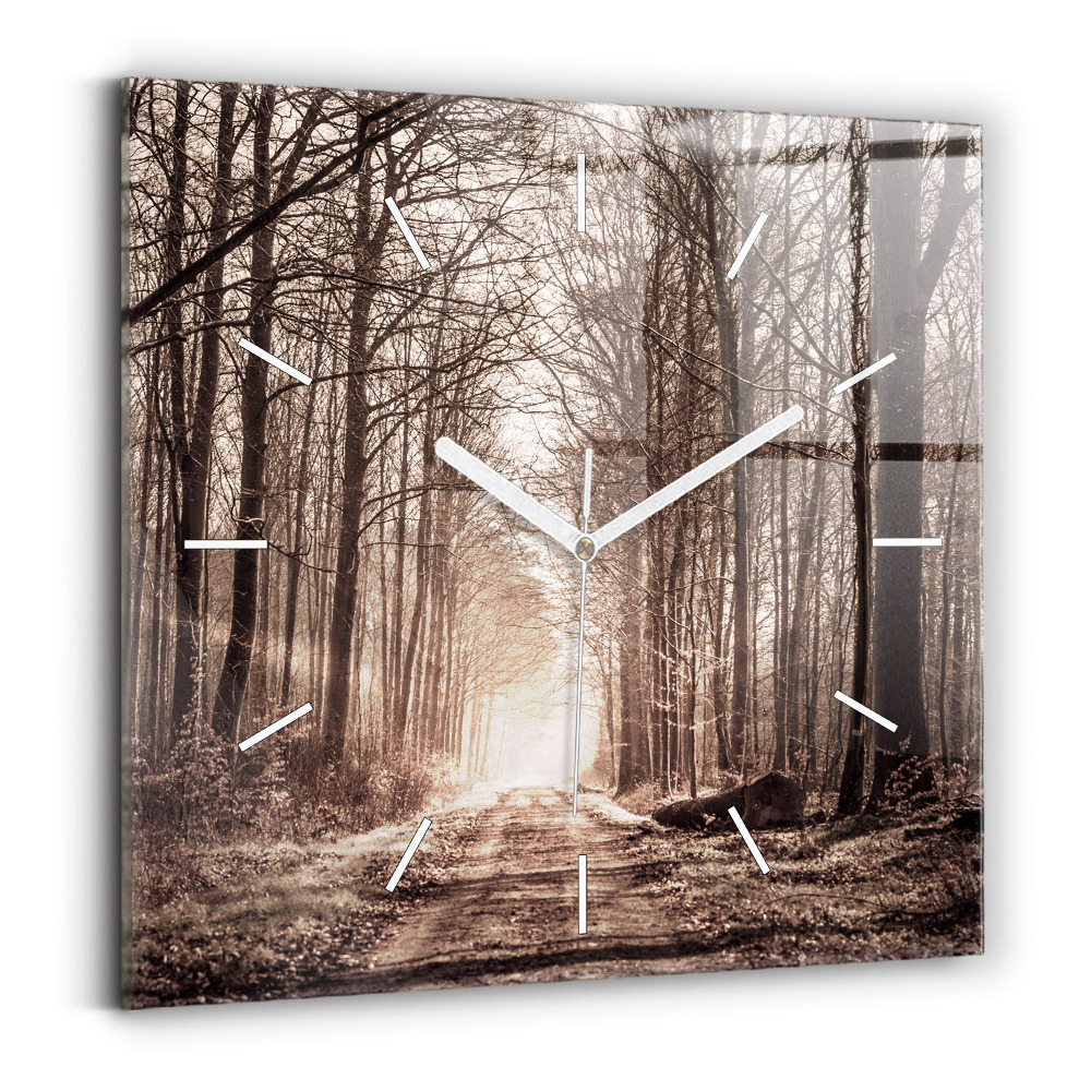 Ceas pătrat de perete din sticlă Cale de pădure în sepia