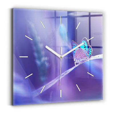 Ceas perete din sticlă pătrat Fluture pe iarbă