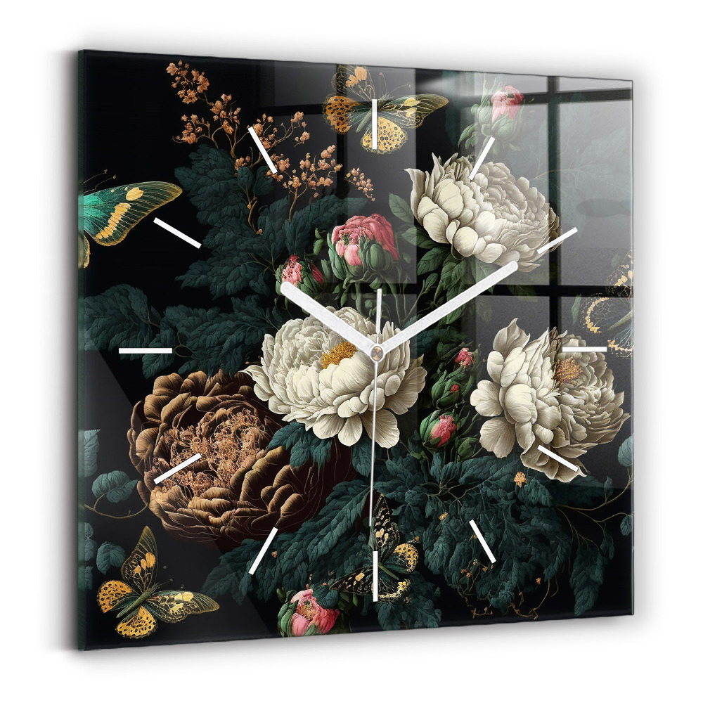 Ceas pătrat de perete din sticlă Flori și fluturi aurii