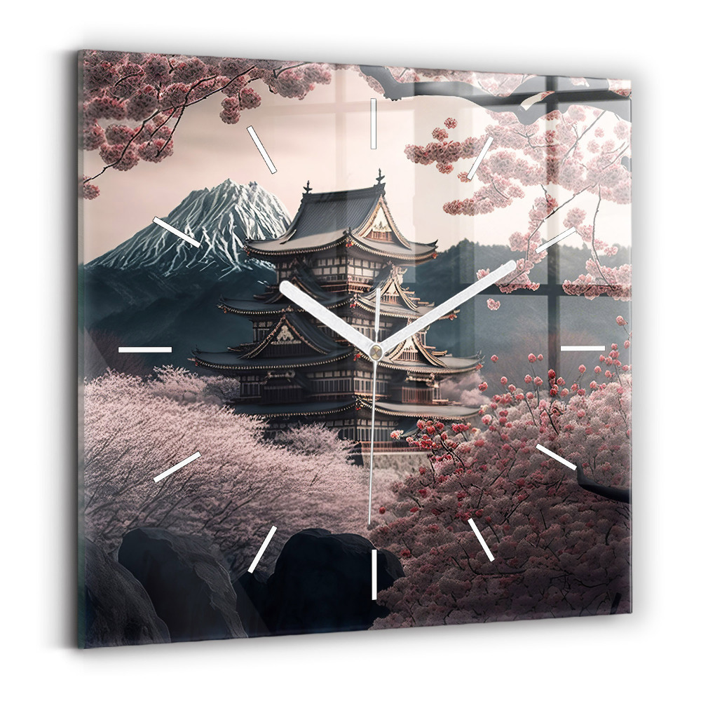 Ceas perete din sticlă pătrat Turn și flori în Asia