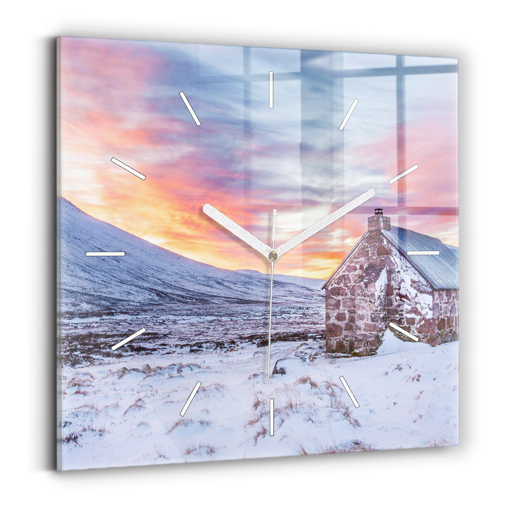 Ceas perete din sticlă pătrat Căsuță la munte