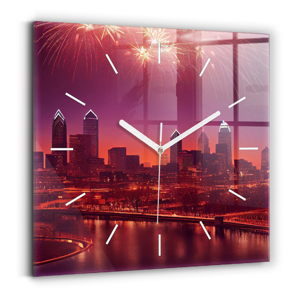 Ceas perete din sticlă pătrat Orașul Philadelphia noaptea