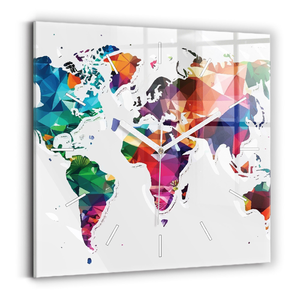 Ceas perete din sticlă pătrat Triunghiuri ale hărții lumii
