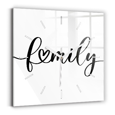 Ceas perete din sticlă pătrat Inscripție și inimă de familie