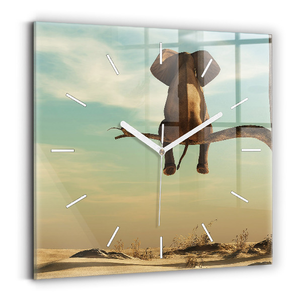 Ceas perete din sticlă pătrat Elefant pe un copac