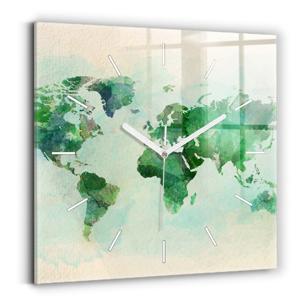 Ceas pătrat de perete din sticlă Hartă a lumii în acuarelă