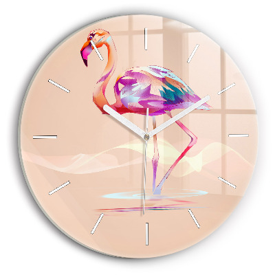 Ceas rotund de perete din sticlă unic Ilustrație cu flamingo
