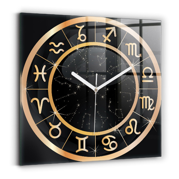 Ceas pătrat de perete din sticlă decorativ Semne zodiacale negre