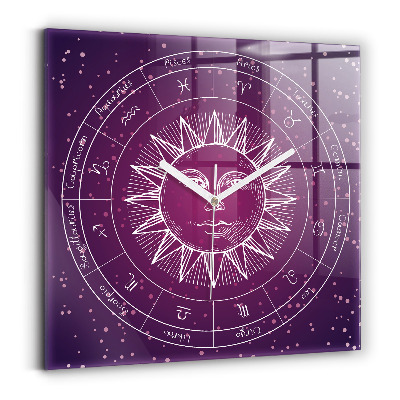 Ceas pătrat de perete din sticlă decorativ Constelații zodiacale pe fundal violet